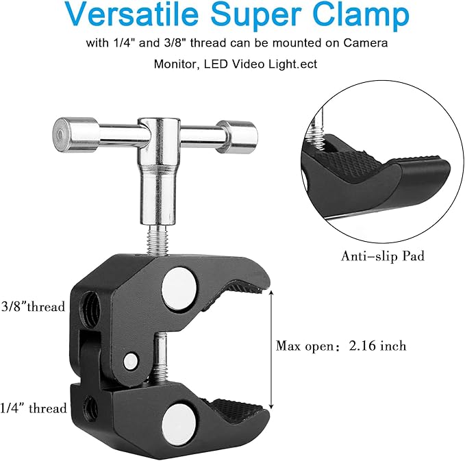 ChromLives Magic Arm Camera Clamp, Adjustable 11" Articulating Arm Camera Mount with Super Clamp W/ 1/4" and 3/8" Thread for DSLR Rig/LCD Monitor/LED Lights/Flash Light