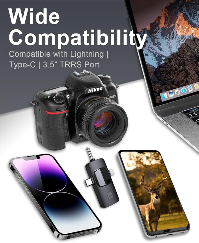 Mini Microphone for iPhone/Android/Camera 3 in 1 Wireless Lavalier Mic with Noise Cancellation Plug&Play Clip-On, 12H Battery, 65FT Range for YouTube, TikTok, Vlogging, Interviews, Influencer