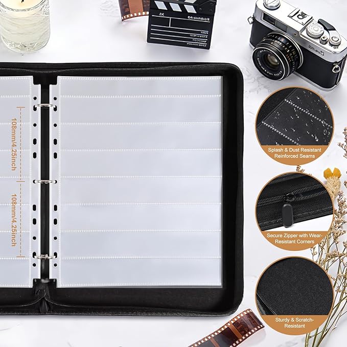 35mm Film Negative Storage Binder Box Kit - 30 Pcs Clear Sleeves, 135 Film Negative Holder for 3 Ring Binder, Acid-Free Protector, Storage Sheets for Film Travel Organization, Holds 1260 Frames, Black