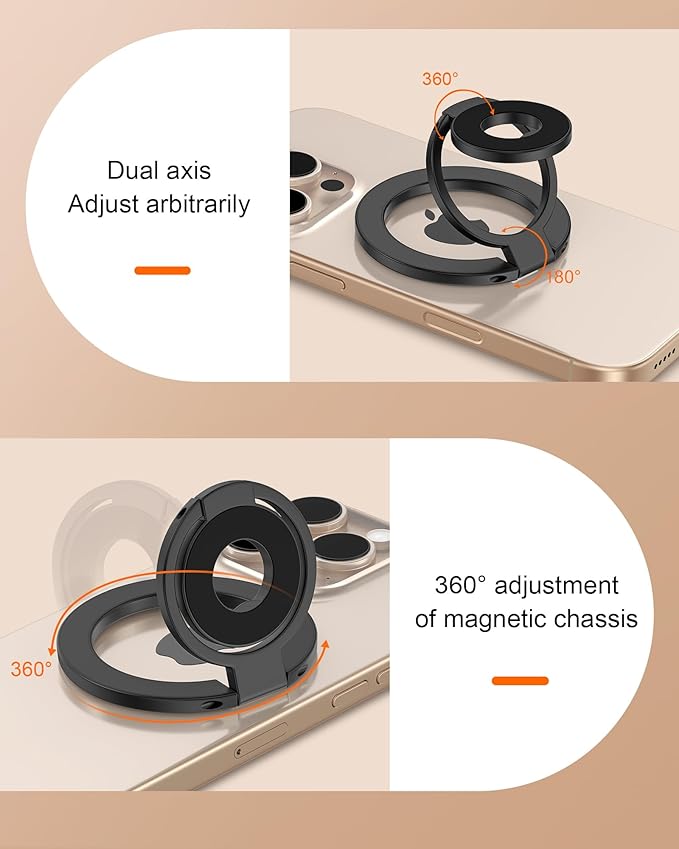 Phone Ring Holder Grip with Dual-Side Magnets, Universal Magnetic Kickstand Stand, Wireless Charging Friendly, Foldable for iPhone 17 Pro Max, Samsung, Case, Desk, Car Mount, MagSafe Compatible-Black