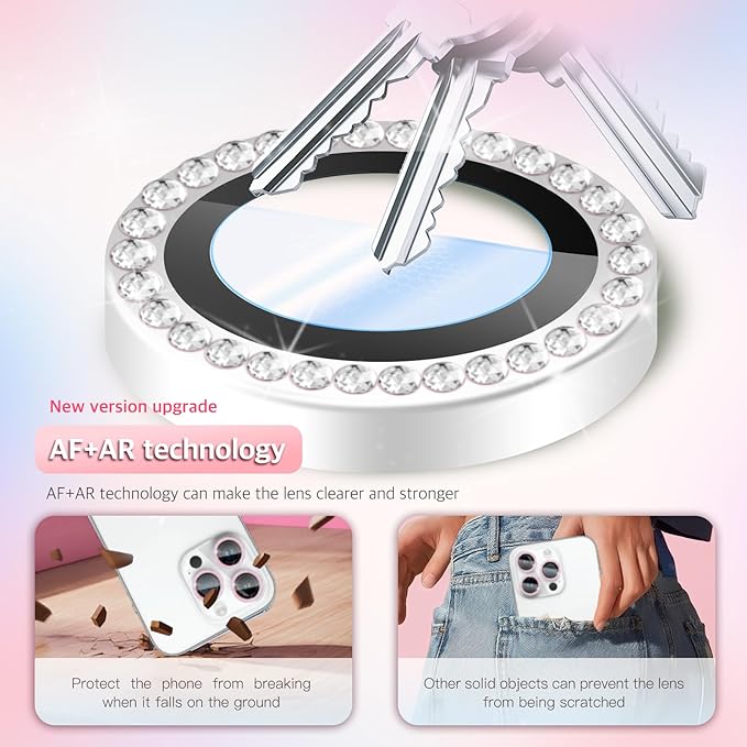 Camera Lens Protector Bling Compatible for iPhone 15 Pro/15 Pro Max,9H Tempered Glass,1Step Installation Tray,HD Clear/Military Grade Shatterproof/Scratch Resistant(Diamond Silver)
