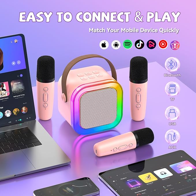 Upgraded Mini Karaoke Machine with 3 Wireless Microphones for Kids Girls Boys - Karaoke Party Speaker Christmas Birthday Gifts for 4 5 6 7 8 9 10 11+ Year Old - Kids' Instrument Accessories - Pink
