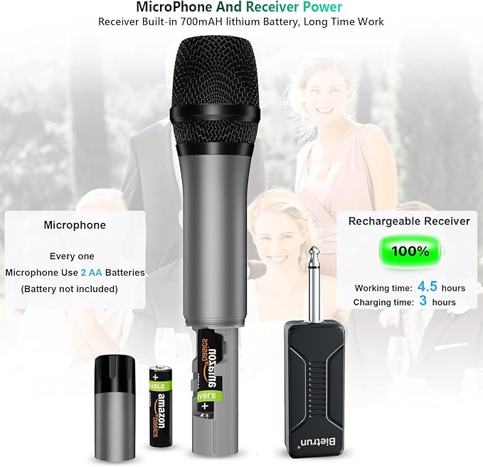 Bietrun UHF Wireless Microphone with 1/4'' Plug Rechargeable Receiver, 160 Feet, Professional Metal Dual Handheld Cordless Dynamic Mic System for Karaoke, Wedding, Singing, DJ, Party, Speech, Church