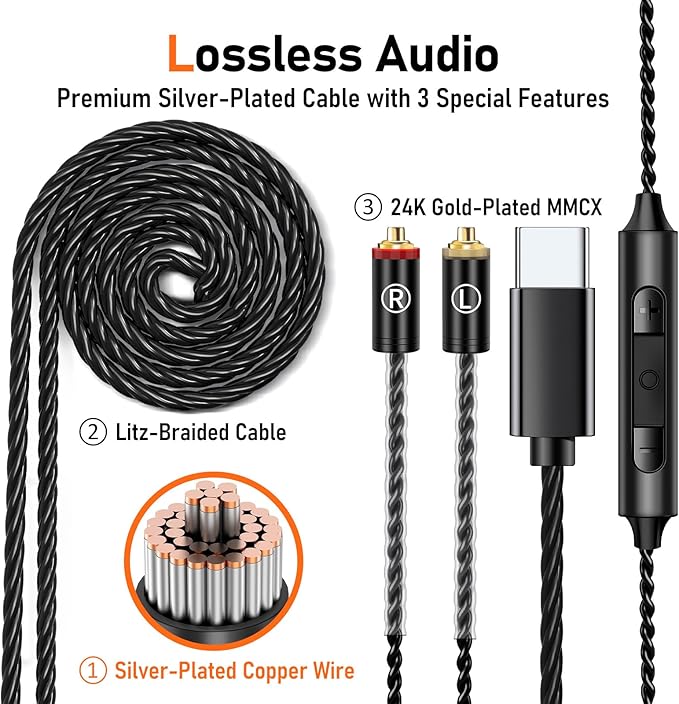 Vibes 202MC USB-C Wired Earbuds - USBC HiFi in Ear Headphones for iPhone 17/16/15 - Noise Isolating Ear Buds w/ Mic - Clear Sound, Deep Bass & Comfort-Fit Earphones - Silver Plated Cord, Carrying Case