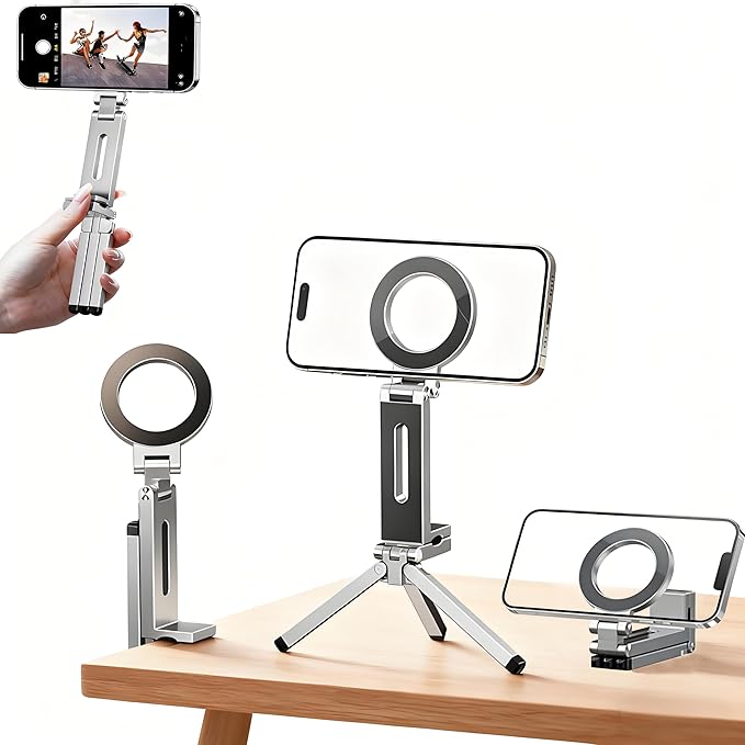360° Rotating Phone Stand, Adjustable Aluminum Magnetic Phone Tripod for iPhone,Clipable, Foldable Airplane Travel Essentials Accessories