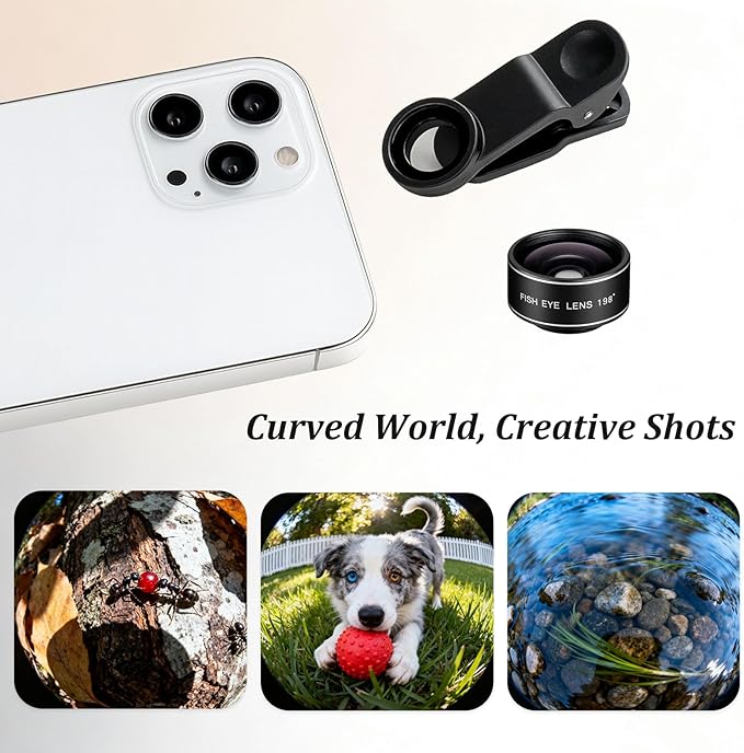 3-in-1 Smartphone Camera Lens Kit – 198° Fisheye, 0.63× Wide-Angle & 15× Macro Clip-On Lens Set for iPhone, Samsung & Android Phones (Black)
