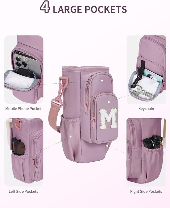 sportsnew Birthday Gifts for Women Personalized Initial Water Bottle Holder with Strap fits most 40oz Tumbler with Handle Water Bottle Carrier Bag with Phone Pocket & Straw Topper Tumbler Accessories