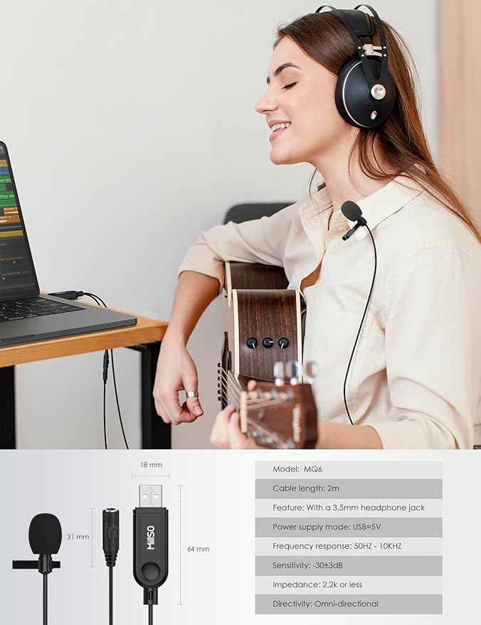 MillSO USB Lavalier Microphone with Headphone Jack Omnidirectional External Lapel USB PC Microphone for Computer, Laptop, YouTube, Meeting, Recording, Podcasting, Gaming - 2M/6.5FT