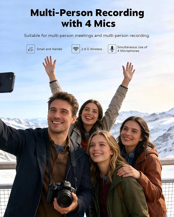 3-in-1 Wireless Lavalier Microphone for iPhone, Android, Cameras - Mini Microphone with Noise Reduction, 328FT Transmission and 40H Battery Life, 4 Mic for Video Recording, TikTok and YouTube