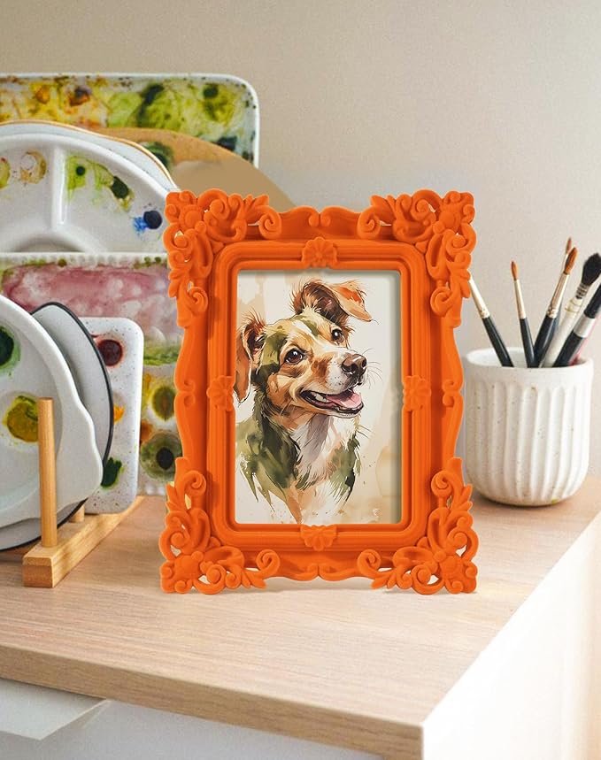 Picture Frames 5x7 for Drawings Prints, Small Colorful Decorative Frame with Real Glass/Stand, Retro Ornate Memorial Frame Gift for Wedding Baby Shower Retirement (Orange)