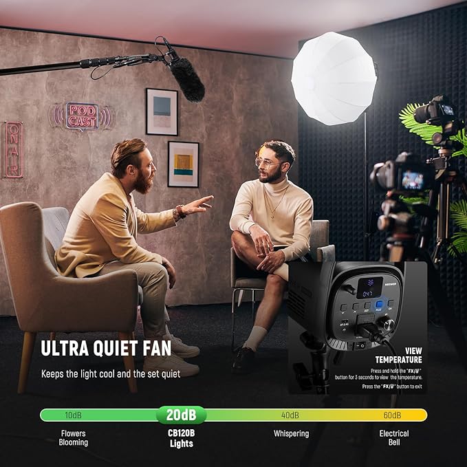 NEEWER CB120B 120W LED Video Light with 2.4G&APP Control COB Bi Color 2700K-6500K 78000lux at 1m/CCT Mode/CRI97/12 Scenes/Bowens Mount Continuous Output Lighting for Studio Photography/Video Recording