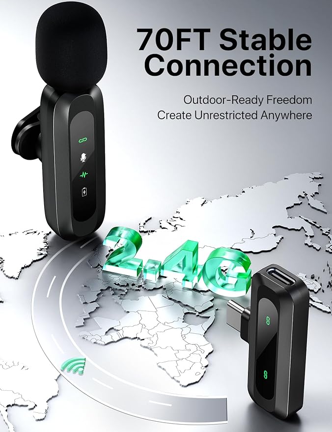 Wireless Lavalier Microphone for iPhone, iPad, USB-C, 2 PCS Tiny Lapel Mic with Adapter, Bluetooth TikTok, Social Media Microphones for Vlogging, Recording Filming Blogger