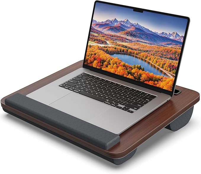 Portable Lap Desk, Laptop Stand for Bed with Soft Wrist Rest, Tablet/Phone Slot, Fabric Handle, Laptop Bed Table with Cushion (Dark Brown)