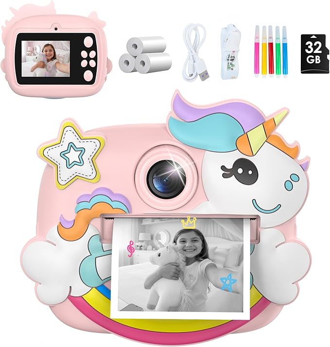 Kids Camera Instant Print, 1080P Digital Camera for Kids with 32GB SD Card, Toddler Girl Toys Birthday Festival Gifts for 3 4 5 6 7 8 9 10 Year Old Girls, Portable Travel Toys for Girls Age 3-10