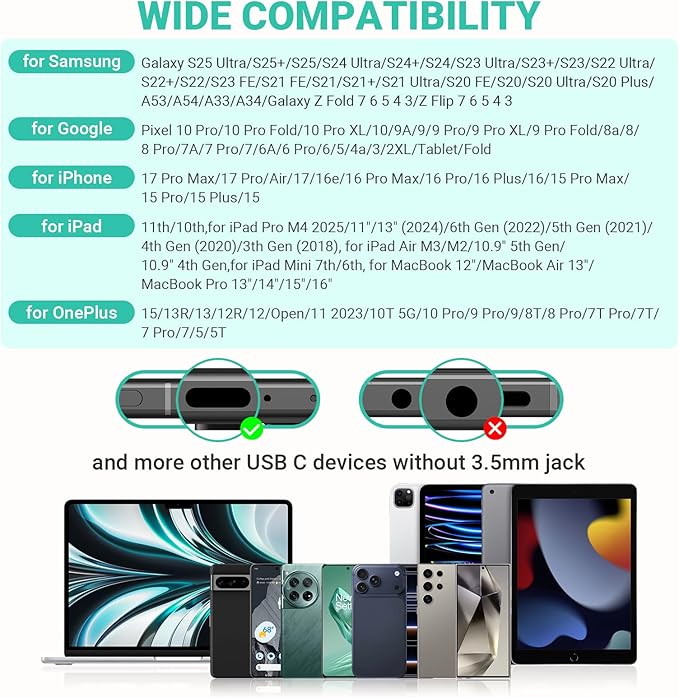 USB C Headphones for iPhone 17 Air 16 Pro Max 15, Type C Earphones with Microphone Magnet HiFi Stereo Wired Earbuds for Samsung Galaxy S26 S25 Ultra S24+ 23 A53 S21 S20 FE Flip 7 6 5/Pixel 10, Green