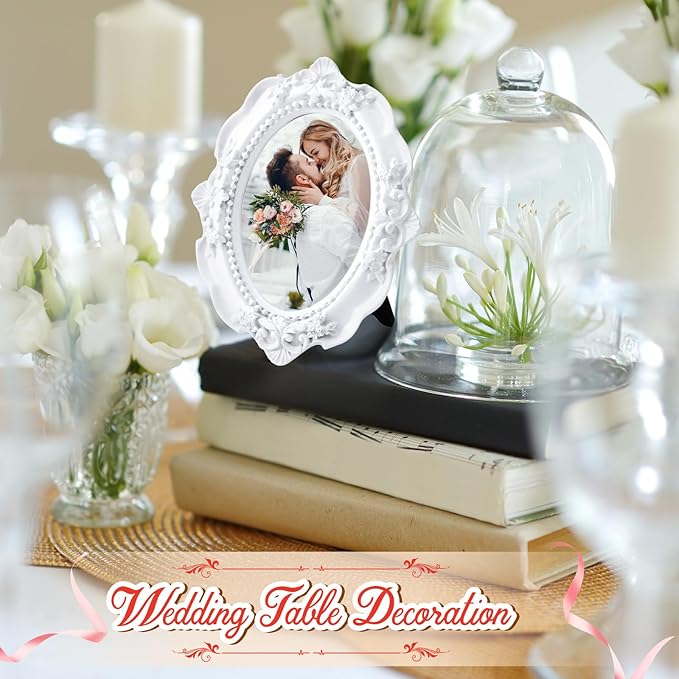 Maitys 25 Pcs Mini Picture Vintage Frames with Stands Tiny Antique Photo Baroque Ornate Resin Oval Frame Table Top Display Home Wedding Decor (White)
