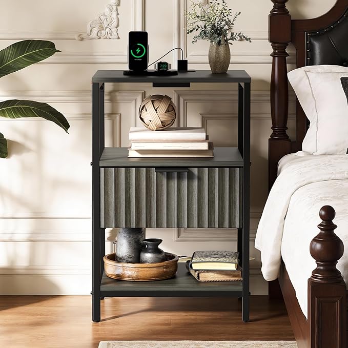 Bonnlo Fluted Nightstand with Charging Station, End Table with Fabric Drawer, Night Stand with Storage Shelf & Handle, Fluted Side Table for Bedroom/Living Room, Grey