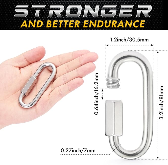 Sprookber Stainless Steel Quick Links - 304 Heavy Duty Chain Connector, Screw Locking Carabiner, Hooks, Set of 4