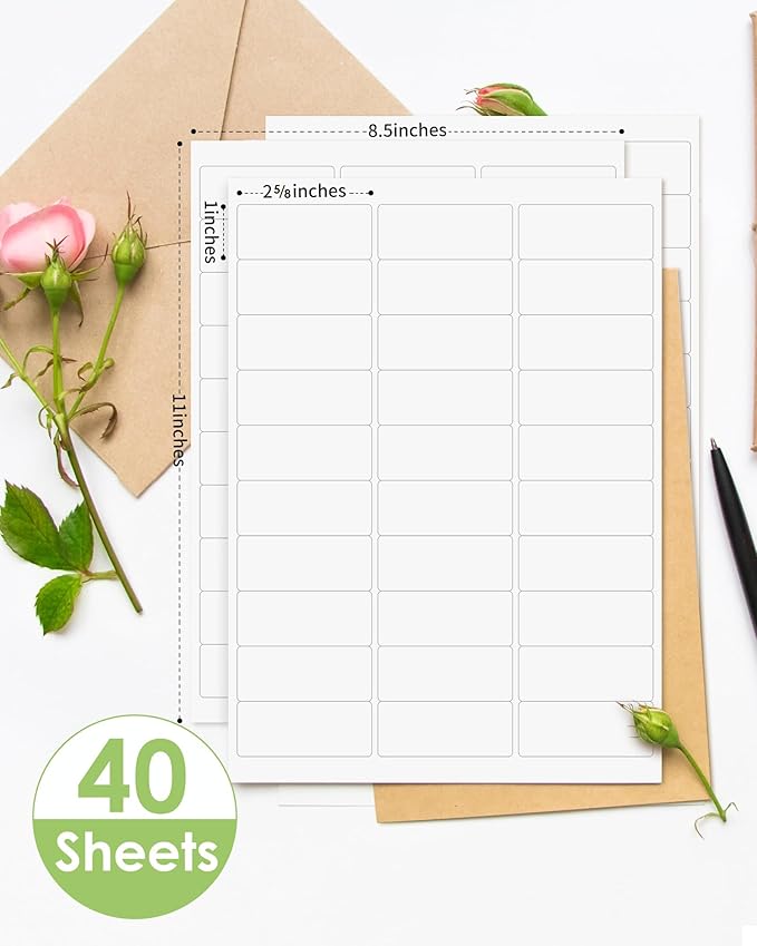 Shipping Label Return Address Mailing Sticker Paper 1" x 2-5/8" 1200 Labels for Inkjet Printer Printing Printable Easy to Peel to Write on Envelope Blank Matte White 8.5 x 11, 40 Sheets