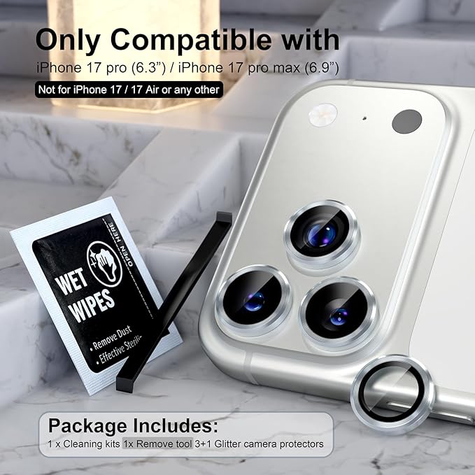 Choiche Compatible for iPhone 17 Pro/iPhone 17 Pro Max Camera Lens Protector, 9H Tempered Glass Camera Cover Screen Protector Metal Ring Decoration Accessories (Silver)
