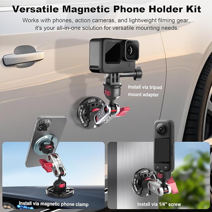 cametv Dual Magnetic Phone Holder with Dual Ball Head Magic Arm, Aluminum Gym Magnetic Phone Stand for Car/Gym/Tripod/Travel, Modular Car Phone Mount for iPhone Series/Magsafe Case (SY034)