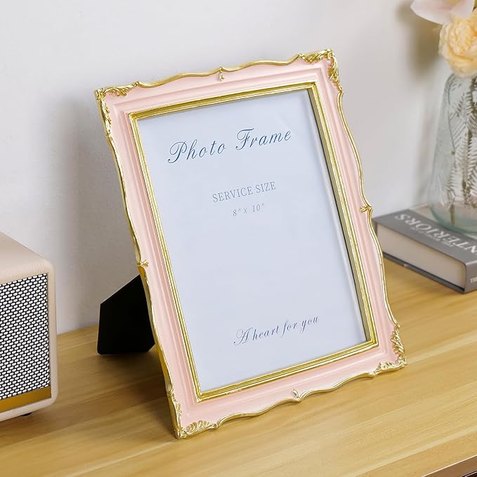 Cuspin 8x10 Picture Frame Pink Vintage Frame, Ornate Pink and Gold Picture Frame with Glass Front Handcrafted Resin Frames, Antique Textured Design for Wall Hanging & Tabletop Display