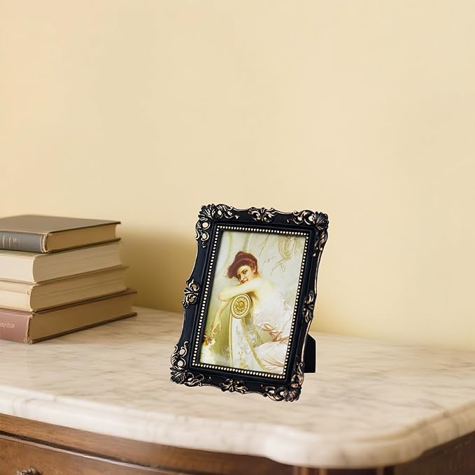 Funerom Vintage Picture Frames with Glass Front, Ornate Frame, Antique Photo Frames for Tabletop or Wall Hanging (Black, 5X7 inch)