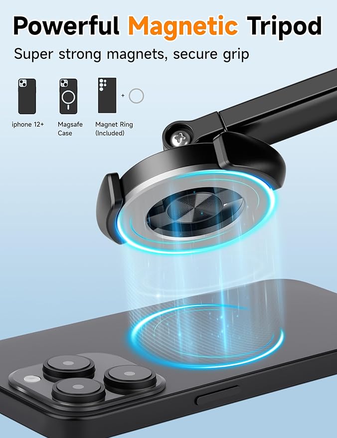 70" Magnetic Phone Tripod, Selfie Stick Tripod for iPhone Magsafe with Rechargeable Remote & 2 in 1 Magnetic Holder, Portable Cellphone Stand for Recording Travel, Compatible with iPhone and Android