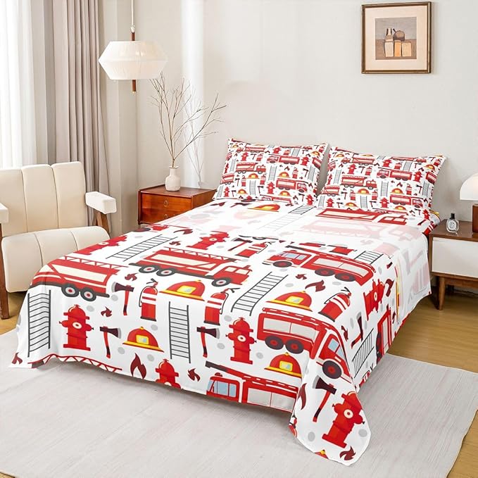 Fire Truck Sheet Sets, Red Fire Fighting Supplies Print Top Sheet for Boys Teens Kids Bottom Sheet Helmet Ladder Fire Extinguisher Fire Theme Sheet Sets,1 Flat Sheet+1 Fitted Sheet+2 Pillowcases,Queen
