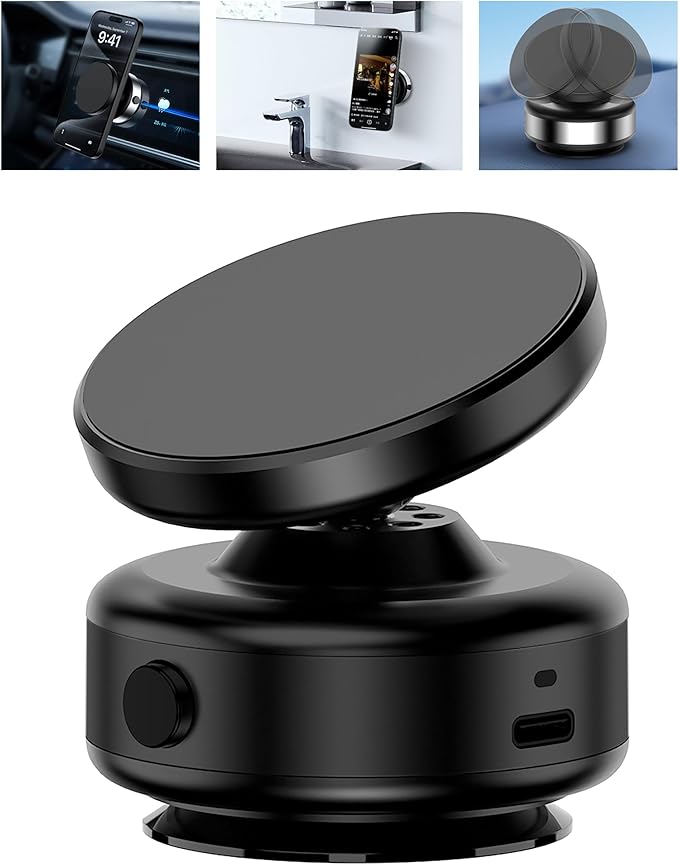 Electric Vacuum Suction Cup Magnetic Phone Mount, 360 Rotatable Magnetic Cell Phone Holder, Adjustable Hands-Free Portable for Magsafe iPhone Car Gym Mirror Smooth Surface(Black)