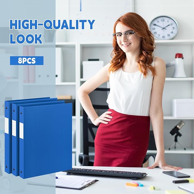 Henoyso 8 Pcs 3 Ring Binder 1/2'' Round Fits Letter Size 8.5'' x 11'' Paper Plastic Flexible Binder Holds 140 Sheets with 1 Pockets Versatile Organizer for Home Office School (Blue)