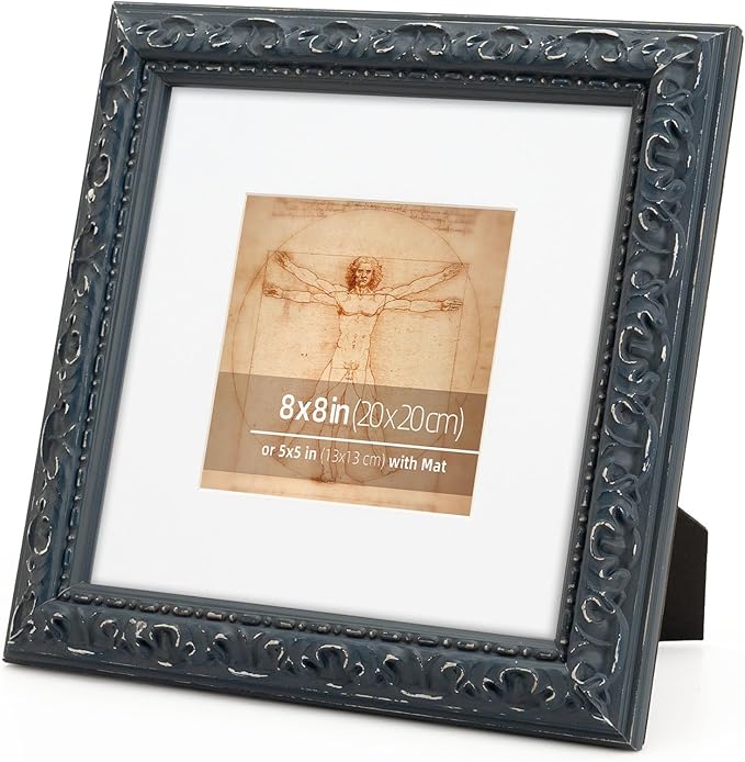 8x8 inch Distressed Wood Embossed Scroll Motif Vintage Antique Rustic Picture Frame, White Mat for 5x5 in Photo, Art Print Drawing, Wall Hanging or Desktop Display-Dark Blue