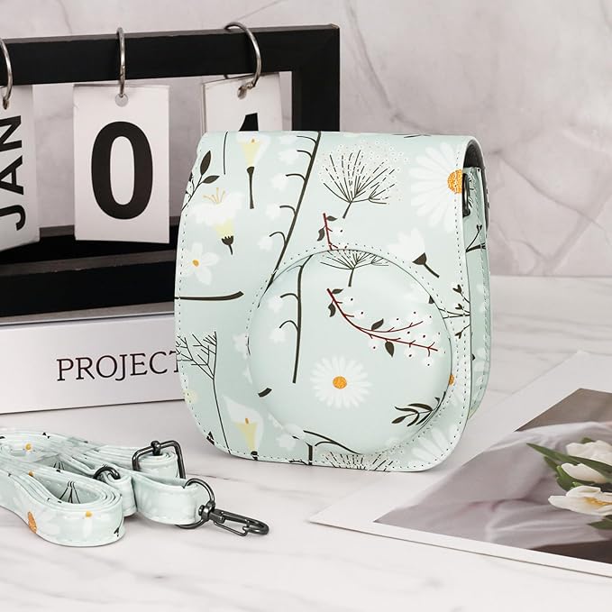 Frankmate Protective Case Fit for Fujifilm Instax Mini 12 11 9 8 Camera, PU Leather Camera Bag with Pocket and Adjustable Shoulder Strap (Chrysanthemum)