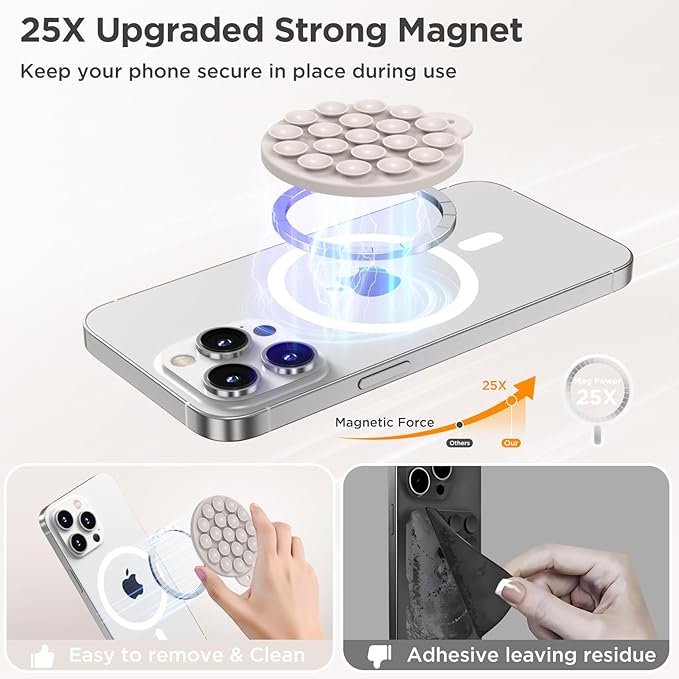 Magnetic Suction Cup Phone Mount with MagSafe, Silicone Hands-Free Grip Holder for iPhone Case and Android, Mirror Shower Phone Stand for Makeup FaceTime Gym Kitchen Bathroom, Stone