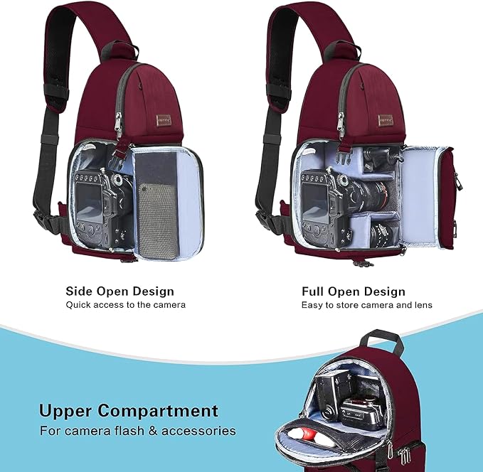 MOSISO Camera Sling Bag, DSLR/SLR/Mirrorless Camera Backpack Case Shockproof Photography Backpack with Tripod Holder & Removable Modular Inserts Compatible with Canon/Nikon/Sony/Fuji, Wine Red