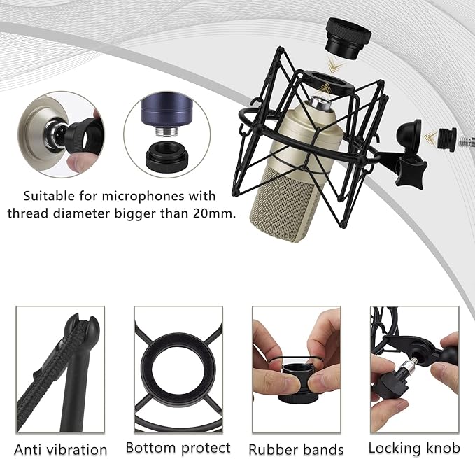 Geekria for Creators Microphone Shock Mount Compatible with MXL 770, 990, R77, TEMPO, V67G, 2006, R144 Mic Anti-Vibration Suspension Adapter Clamp Mic Holder Clip (Black/Metal)