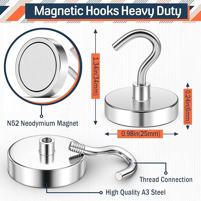 FINDMAG Magnetic Hooks for Cruise Cabins, 80lbs Magnetic Hooks for Hanging, Magnet Wall, Strong Magnets Heavy Duty, Classroom Decor, Locker Decorations, Office Accessories, 10 Pack, Silver