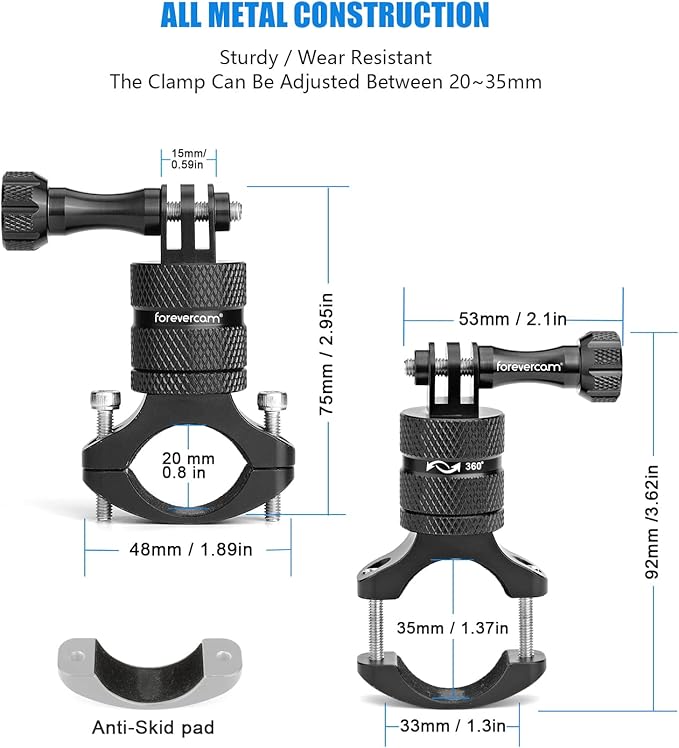 Forevercam Bike Handlebar Mount for Gopro Hero 13 12 11 10 9 8 DJI Osmo Insta360 AKASO and Other Action Camera Aluminum Motorcycle Handlebar Mount 360°Rotation