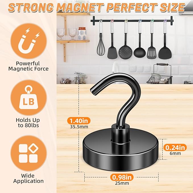 DURMATE Strong Magnetic Hooks for Cruise Cabins, Cruise Ship Essentials, Black Refrigerator Magnets, 80lbs Heavy Duty Magnetic Hooks for Door Decorations, Classroom, Food Truck Accessories