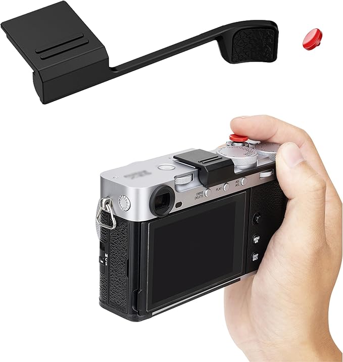 JJC Metal Thumb Grip & Shutter Release Button for Fuji Fujifilm X-E5 XE5 Mirrorless Camera, Full-Coverage Hot Shoe Cover Protector Thumb Support, Silicone Pad for Stable & Safe Hand Hold, Black Color