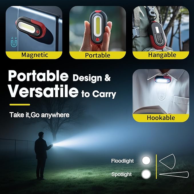 Magnetic Flashlight Rechargeable, Mini Pocket EDC Flashlight, 1500mAh Spotlight and Floodlight with Type-C Charging, 5 Modes Portable Keychain LED Flashlight for Car Repair, Emergency