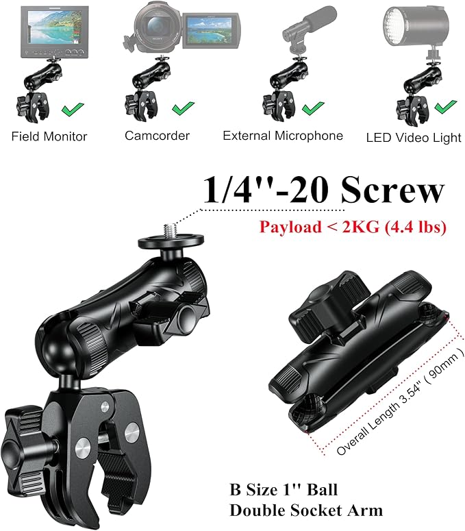 BRCOVAN Super Clamp Camera Mount with 1'' Ball Head 3.54'' Magic Arm, with 1/4"-20 Screw Tripod Mount Adapter, for Action Camera, Camcorder, Monitor, LED Lights and More