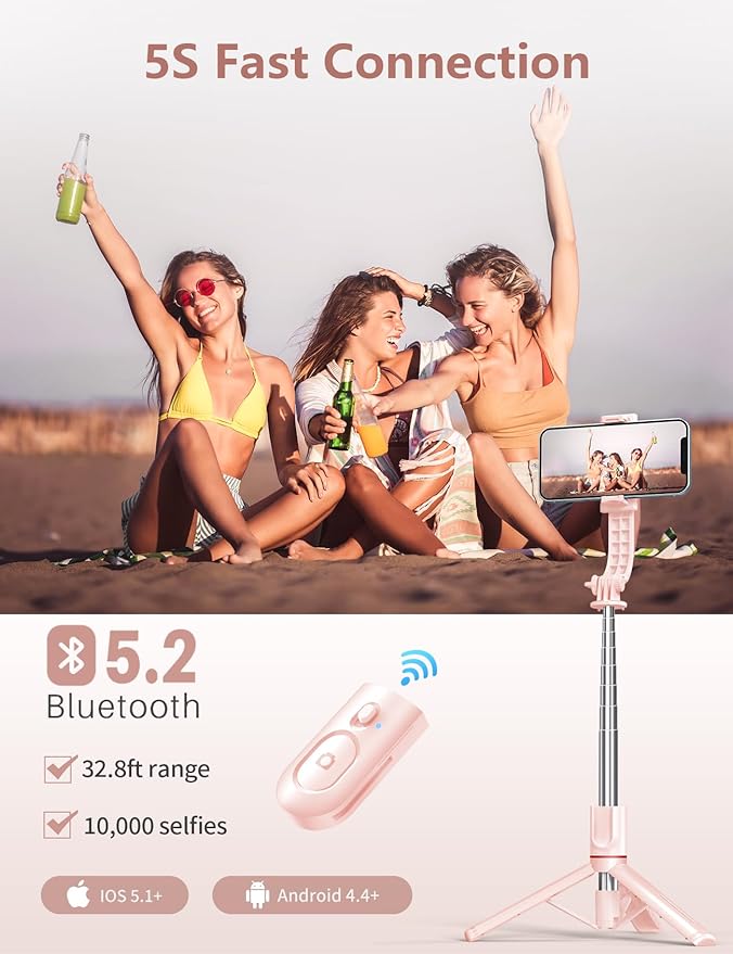Selfie Stick with Light, 45'' Selfie Stick Tripod with Wireless Remote, Portable Travel Phone Tripod Compatible with iPhone 15 Pro Max/15/14 Pro/14/13, Samsung S22/ S23 Ultra/Android Smartphone (Pink)