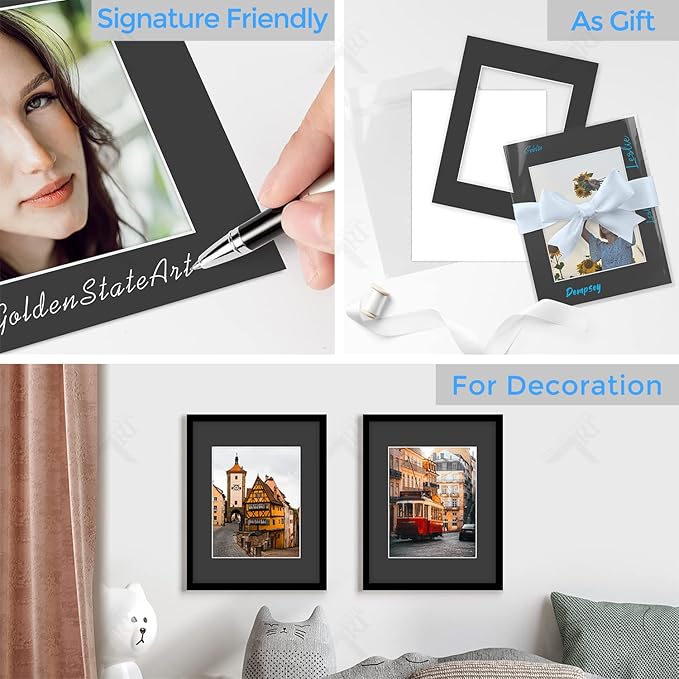 Golden State Art, Acid Free, Pack of 50, 11x14 Black Picture Mats Mattes with White Core Bevel Cut for 8x10 Photo + Backing + Bags