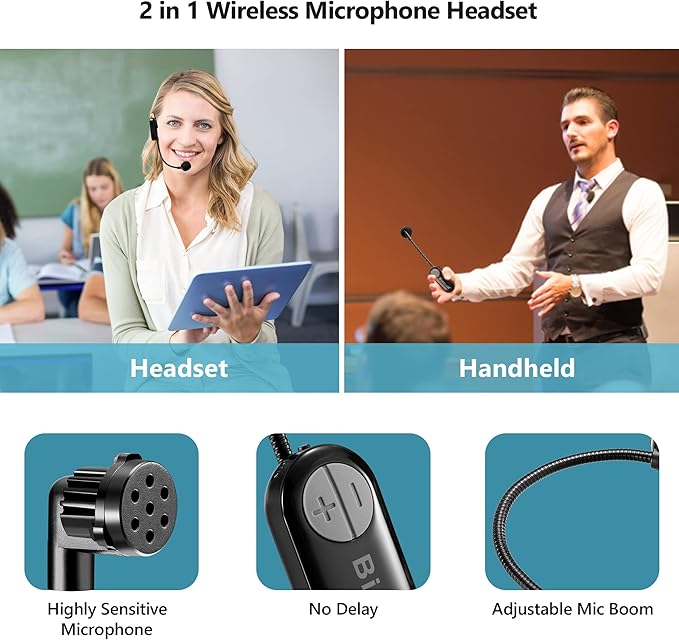 Bietrun Wireless Microphone Headset with 1/4''Plug, 165ft Range, UHF Wireless Headset Mic & Handheld Mic 2 in 1, for Karaoke Speaker, Amplifier, Speakers, PA System, Teaching, Fitness (Black)