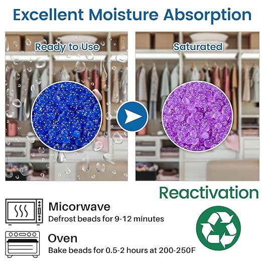 5 Sets 1000g Rechargeable Silica Gel Beads with 1 Cloth Bag, Indicating Blue Desiccants Beads [3-5mm] Moisture Absorber Desiccant Packs for Storage