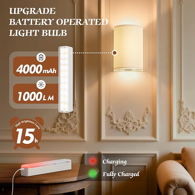 OCATO Battery Operated Wall Sconce: Wireless Wall Sconces Set of Two Battery Operated Magnetic Lamp Rechargeable Lights Dimmable with 16 RGB Colors with Remote Walls Decor for Bedroom Living Room