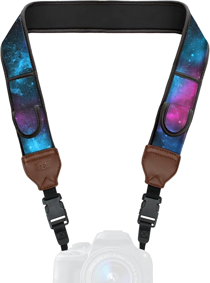 USA Gear TrueSHOT Camera Strap Neoprene Camera Straps - Padded Neck Strap, Accessory Pocket, and Quick Release Buckles - Compatible with Canon, Nikon, Sony and More DSLR and Mirrorless Camera - Galaxy