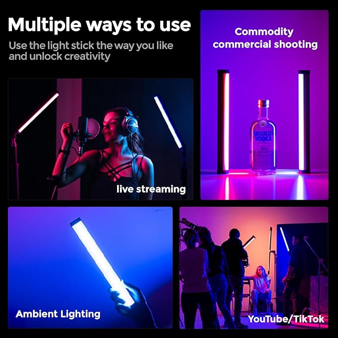 PHOTOOLEX RGB Tube Light, 5200mAh Magnetic Handheld Light Stick, 360°Full Color LED Video Lighting Wand, 2500K-9900K, 21 Scenes, CRI 96+, for Studio Photography Vlog Recording Streaming