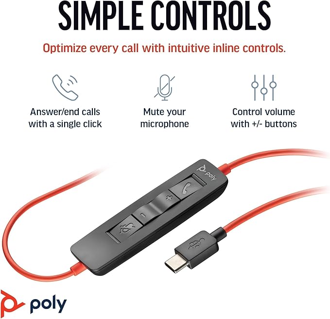Poly Blackwire 3320 Wired Headset (Plantronics) – Flexible Microphone Boom – Hi-fi Stereo - Connect to PC/Mac via USB-C or USB-A - Works with Teams/Zoom - Amazon Exclusive